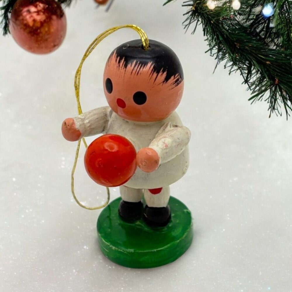 Vintage Wooden Basketball Player Christmas Ornament Mini Boy with Ball